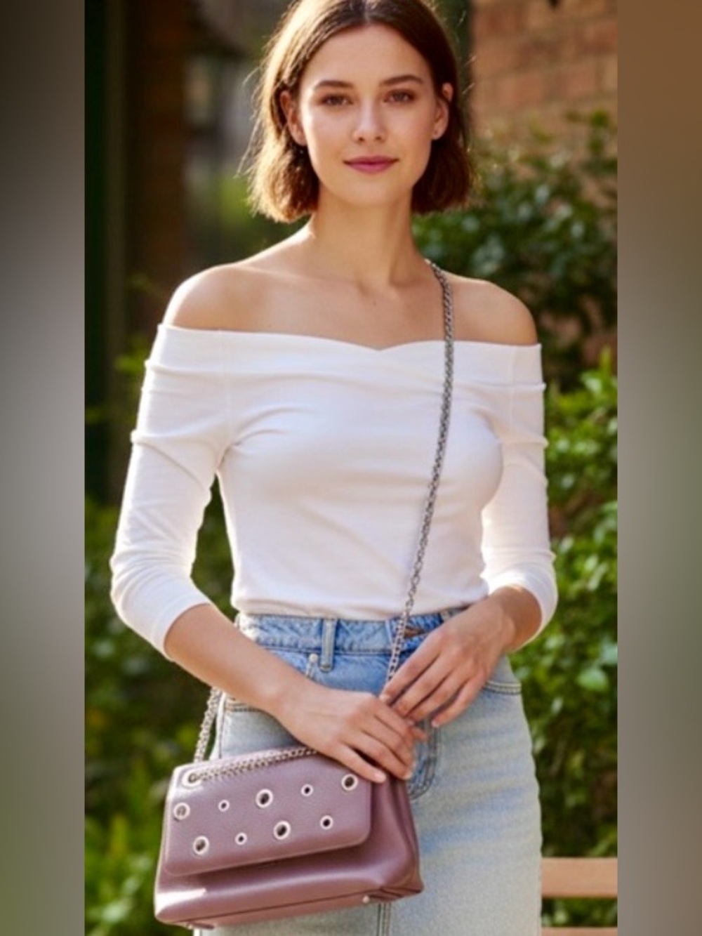 Celine Dion Falsetto Mauve Eyelet-Detail Crossbody Leather Bag with Chain Strap